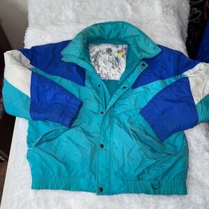 Vintage 80s 90s Color Block Ski Jacket Teal Blue White Retro‎ Windbreaker